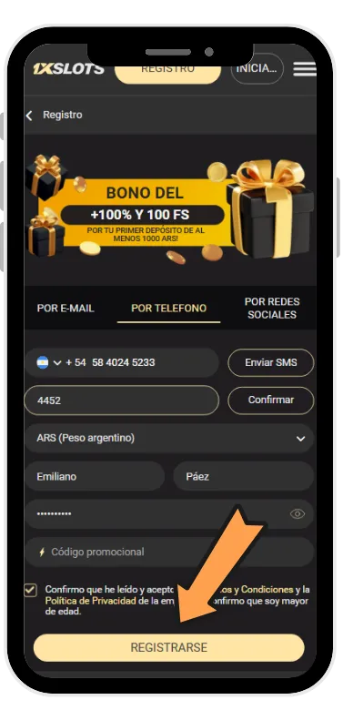 1xslots confirmar registro